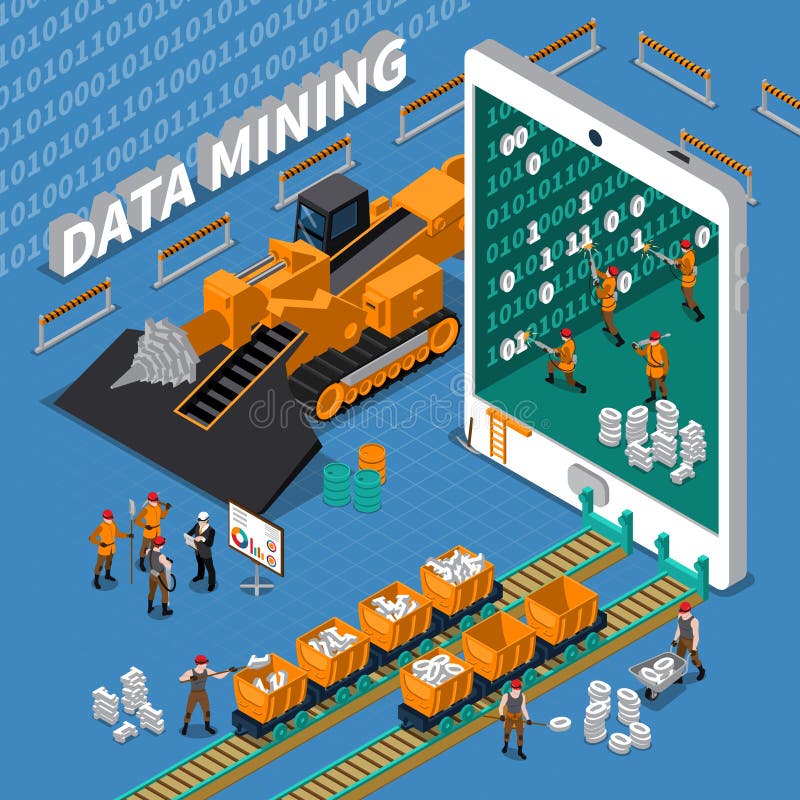 Data mining abstract isometric concept with tablet image and miner workers on blue background vector illustration. Data mining abstract isometric concept with tablet image and miner workers on blue background vector illustration