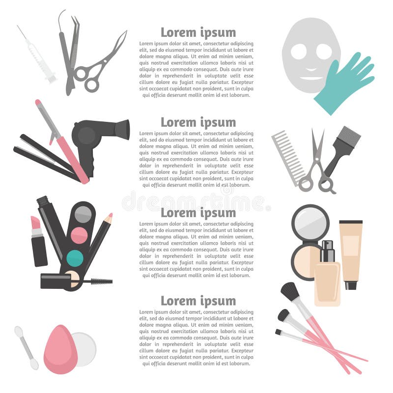Flat design elements of cosmetology, hairdressing, makeup and manicure. Spa Tools and equipment set. Cosmetic Instrument isolated. Scissors, brushes and devices. Flat design elements of cosmetology, hairdressing, makeup and manicure. Spa Tools and equipment set. Cosmetic Instrument isolated. Scissors, brushes and devices.