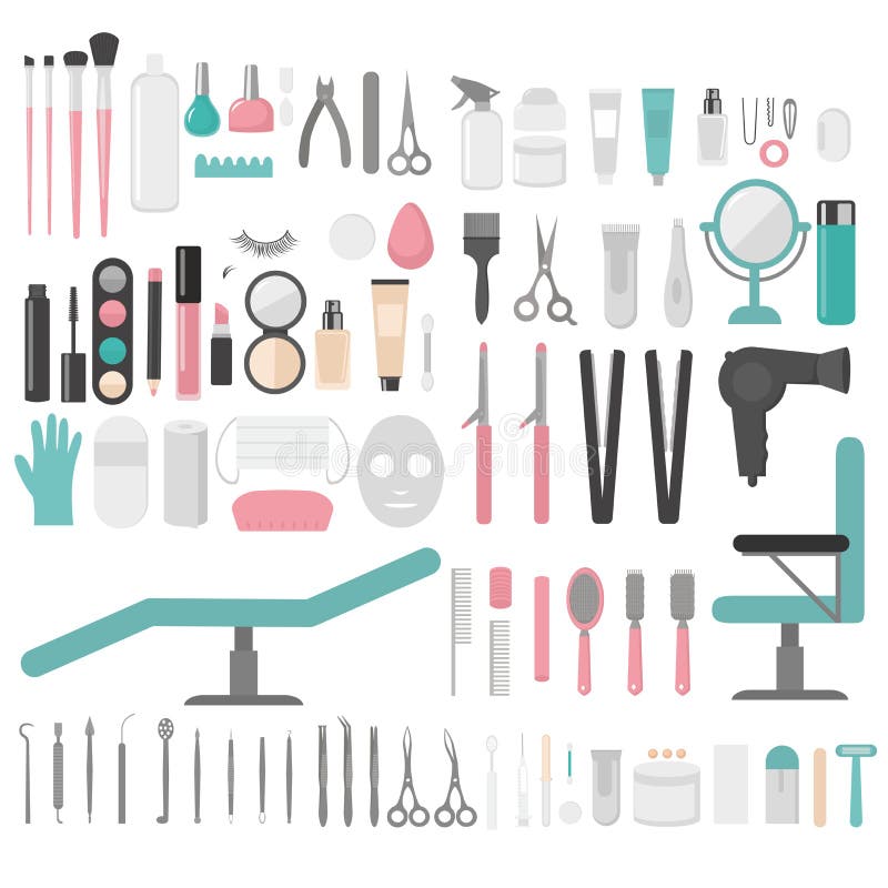 Flat design elements of cosmetology, hairdressing, makeup and manicure. Spa Tools and equipment set. Cosmetic Instrument isolated. Scissors, brushes and devices. Flat design elements of cosmetology, hairdressing, makeup and manicure. Spa Tools and equipment set. Cosmetic Instrument isolated. Scissors, brushes and devices.