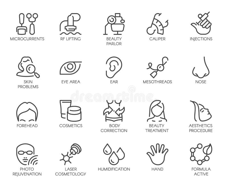 Cosmetology line icons set. 20 outline pictograms isolated. Beauty therapy, bodycare, healthcare, wellness treatment linear symbols. Correction, rejuvenation, anti-aging procedure logo. Vector graphic. Cosmetology line icons set. 20 outline pictograms isolated. Beauty therapy, bodycare, healthcare, wellness treatment linear symbols. Correction, rejuvenation, anti-aging procedure logo. Vector graphic