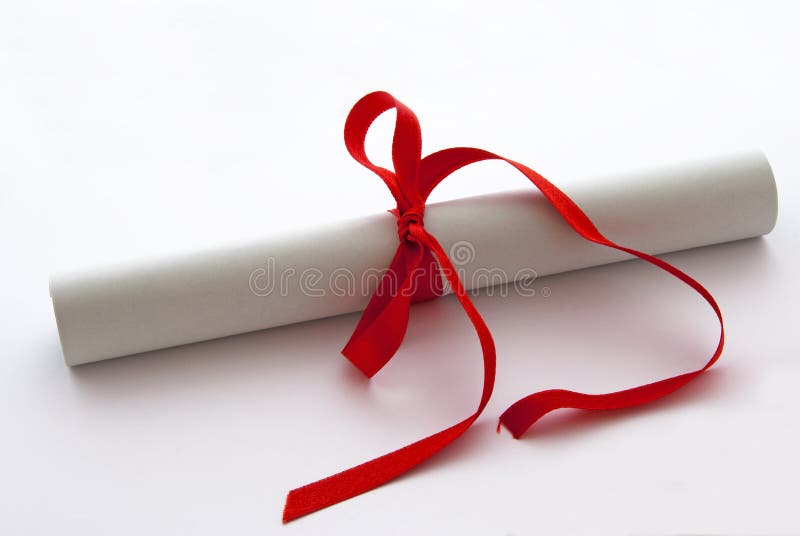 Diploma or graduation certificate with red ribbon. Diploma or graduation certificate with red ribbon