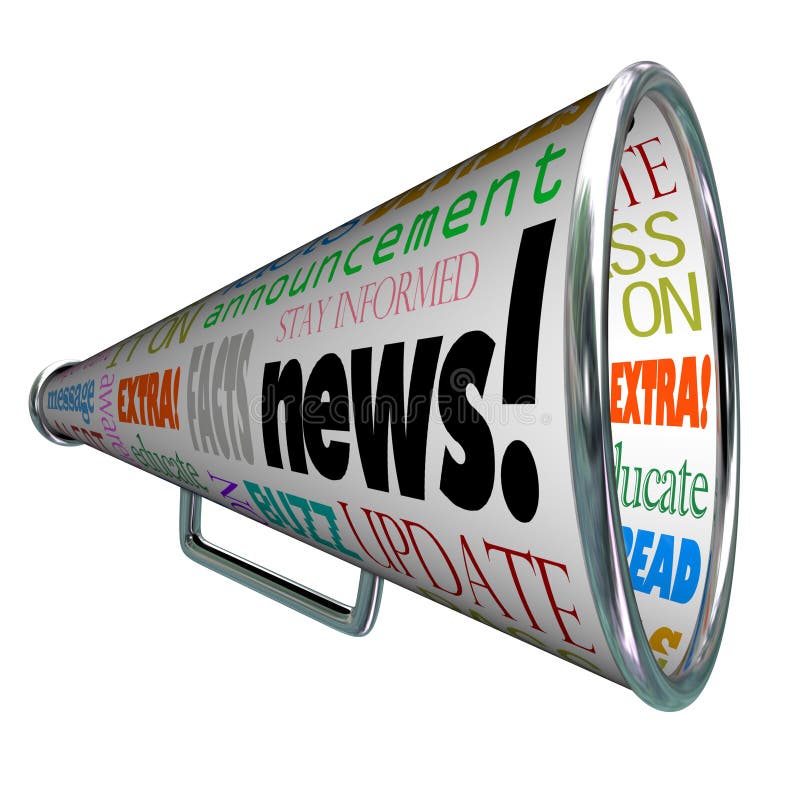 The word News on a megaphone or bullhorn and many associated words such as extra, message, update, alert, awareness, buzz and more. The word News on a megaphone or bullhorn and many associated words such as extra, message, update, alert, awareness, buzz and more