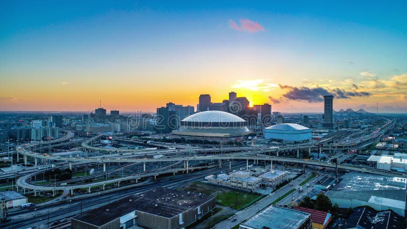 Drone Aerial View of New Orleans, Louisiana, USA Skyline at Sunrise. Drone Aerial View of New Orleans, Louisiana, USA Skyline at Sunrise