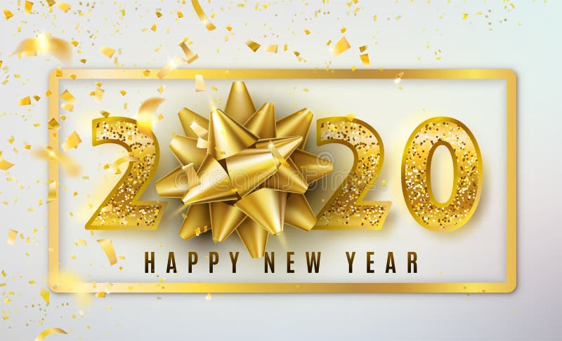 2020新年快乐与金黄礼物弓、五彩纸屑、发光的闪烁金子数字和边界的传染媒介背景 r 向量例证 2020新年快乐与金黄礼物弓、五彩纸屑、发光的闪烁金子数字和边界的传染媒介背景 r 向量例证