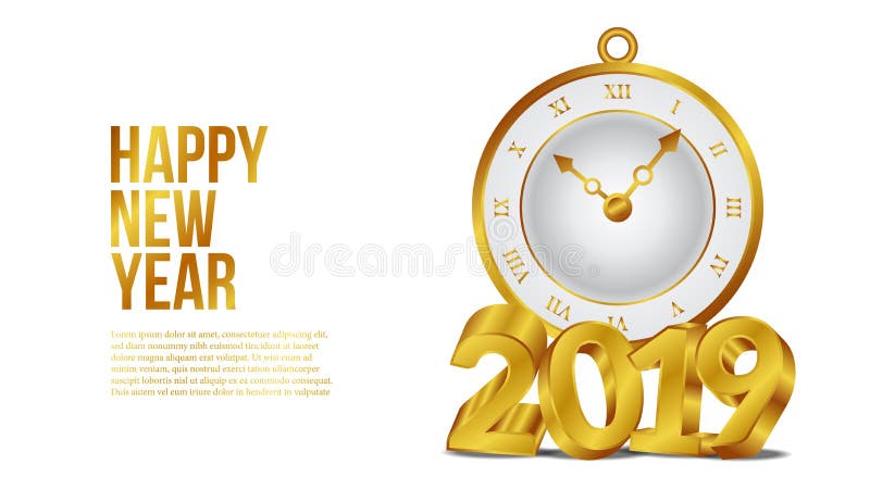 新年快乐横幅与3d金文本和经典金时钟的背景模板 也corel凹道例证向量 皇族释放例证 新年快乐横幅与3d金文本和经典金时钟的背景模板 也corel凹道例证向量 皇族释放例证