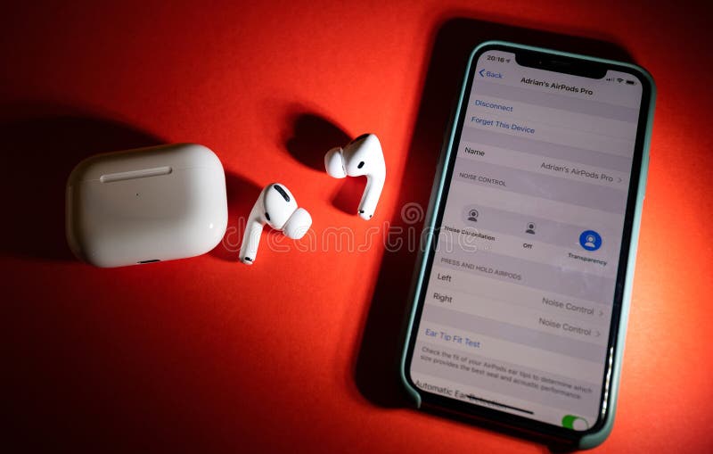 Paris, France - Oct 30, 2019: Settings of the new Apple Computers AirPods Pro headphones with Active Noise Cancellation for immersive sound on the iPhone 11 Pro smartphone. Paris, France - Oct 30, 2019: Settings of the new Apple Computers AirPods Pro headphones with Active Noise Cancellation for immersive sound on the iPhone 11 Pro smartphone