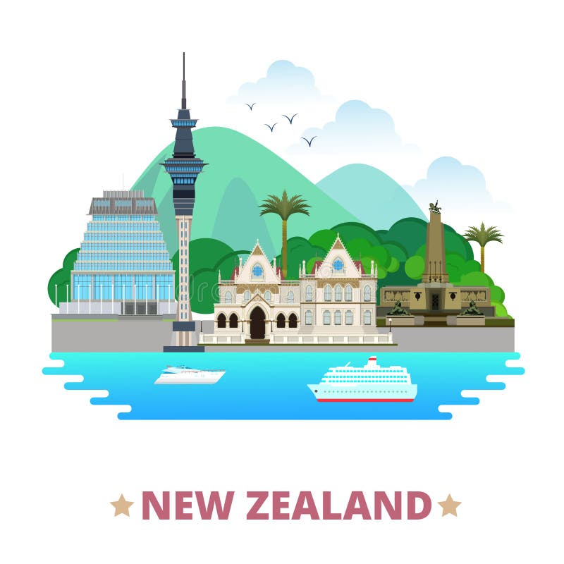 New Zealand country flat cartoon style historic place web vector illustration. World travel sight Australia collection. Parliamentary Library Sky Tower Wellington Cenotaph Beehive Parliament Building. New Zealand country flat cartoon style historic place web vector illustration. World travel sight Australia collection. Parliamentary Library Sky Tower Wellington Cenotaph Beehive Parliament Building.