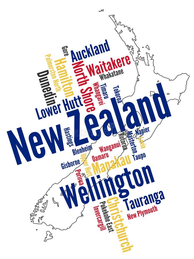 New Zealand map and words cloud with larger cities. New Zealand map and words cloud with larger cities