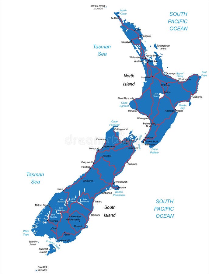 Detailed vector map of New Zealand with country borders, county names, main roads and a highly detailed state silhouette. Detailed vector map of New Zealand with country borders, county names, main roads and a highly detailed state silhouette.