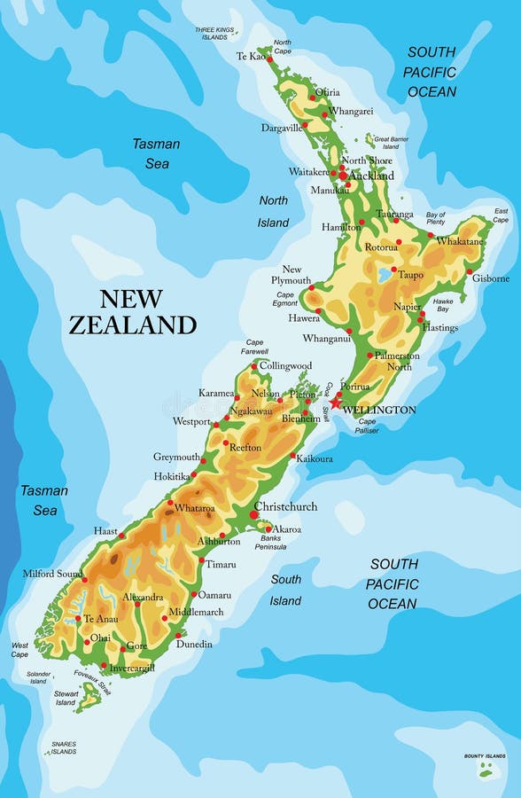 Highly detailed physical map of New Zealand, in vector format, with all the relief forms and big cities. Highly detailed physical map of New Zealand, in vector format, with all the relief forms and big cities