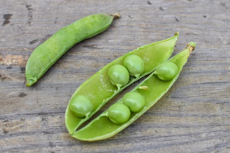 Uncapped pod of fresh green peas close-up on wooden table tasty. Uncapped pod of fresh green peas close-up on wooden table tasty