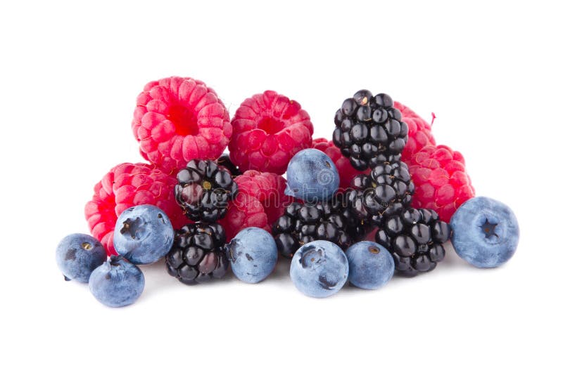 Fresh raspberry blackberry and blueberry fruits on white background. Fresh raspberry blackberry and blueberry fruits on white background