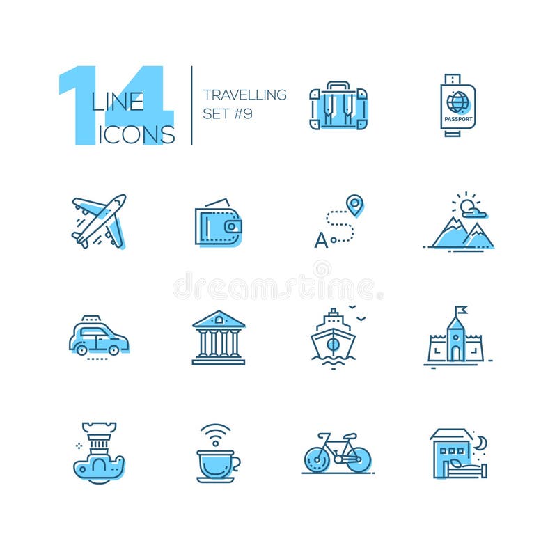 Traveling - modern vector line design icons set with accent color. Suitcase, passport, plane, wallet, route, mountains, car museum ship castle digital camera cup bicycle hotel. Material design concept symbols. Traveling - modern vector line design icons set with accent color. Suitcase, passport, plane, wallet, route, mountains, car museum ship castle digital camera cup bicycle hotel. Material design concept symbols