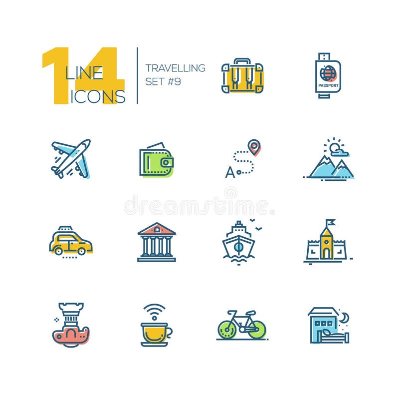 Traveling - modern vector thick line design icons set with accent color. Suitcase, passport, plane, wallet, route, mountains, car museum ship castle digital camera cup bicycle hotel. Material design concept symbols. Traveling - modern vector thick line design icons set with accent color. Suitcase, passport, plane, wallet, route, mountains, car museum ship castle digital camera cup bicycle hotel. Material design concept symbols