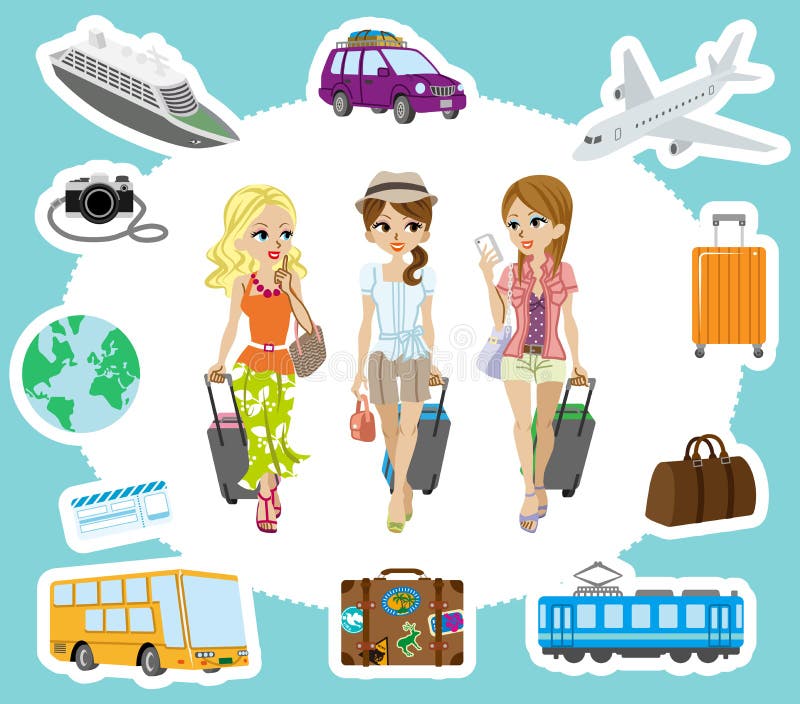 Vector illustration of Traveling girls and Transportation sets. Vector illustration of Traveling girls and Transportation sets.