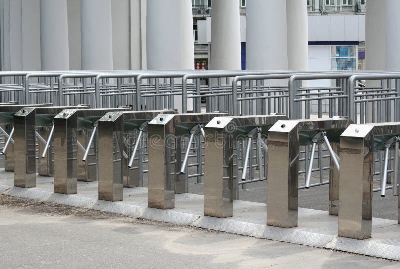Modern nickel-plated turnstile rows. Modern nickel-plated turnstile rows