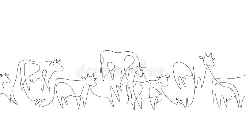 无缝图案 牛被画成一条线 农场动物