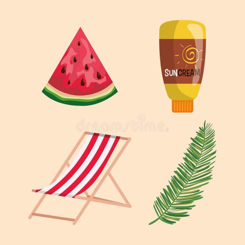 set of watermelon fruit with suncream and tanning chair with leaf to summer time vector illustration. set of watermelon fruit with suncream and tanning chair with leaf to summer time vector illustration