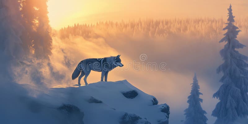 日出时，雄壮的狼站在雪崖上，被薄雾的森林包围着，静谧的冬季风景 免版税库存图片