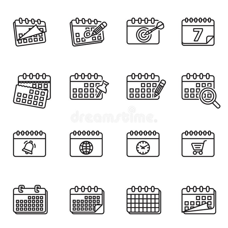 日历图标集。细线风格库存矢量图 皇族释放例证