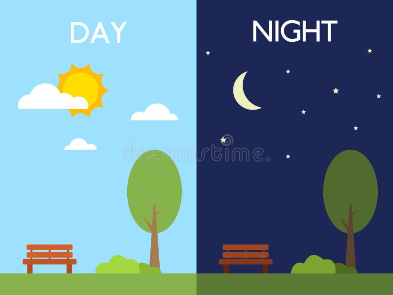日夜概念 太阳和月亮 树和长凳在好天气 与云彩的天空在平的样式 不同的期间 皇族释放例证 日夜概念 太阳和月亮 树和长凳在好天气 与云彩的天空在平的样式 不同的期间 皇族释放例证