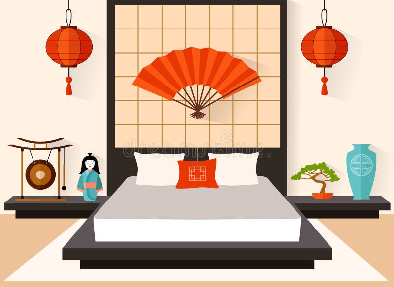 Bedroom in the Japanese style. The interior of the flat style. Vector illustration. Traditional Oriental Room. Bedroom in the Japanese style. The interior of the flat style. Vector illustration. Traditional Oriental Room
