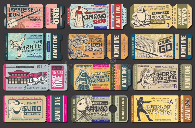 Japan vector ticket templates. Japanese travel entrance coupons, asian dragon and music festival. Kimono and samurai armor museum exhibition, sumo championship, ninja and horse archer show tickets set. Japan vector ticket templates. Japanese travel entrance coupons, asian dragon and music festival. Kimono and samurai armor museum exhibition, sumo championship, ninja and horse archer show tickets set