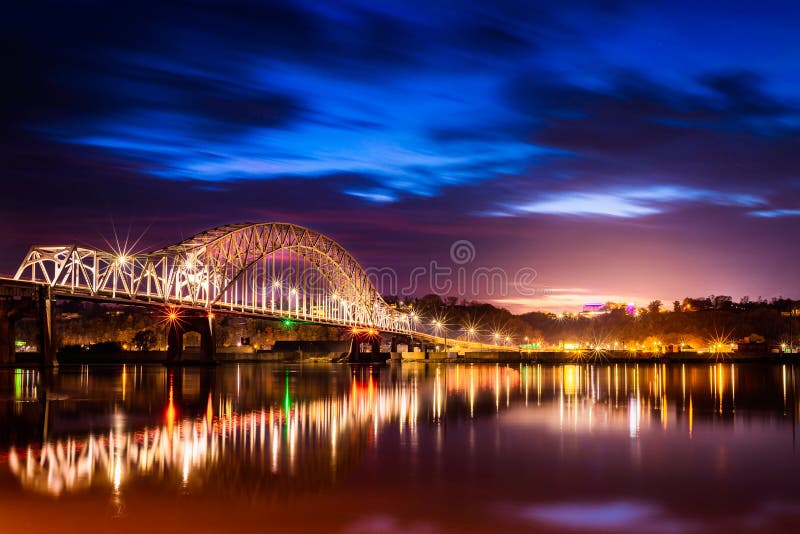 Beautiful Julien Dubuque Bride at night after sunset. City lights and the river. Beautiful Julien Dubuque Bride at night after sunset. City lights and the river
