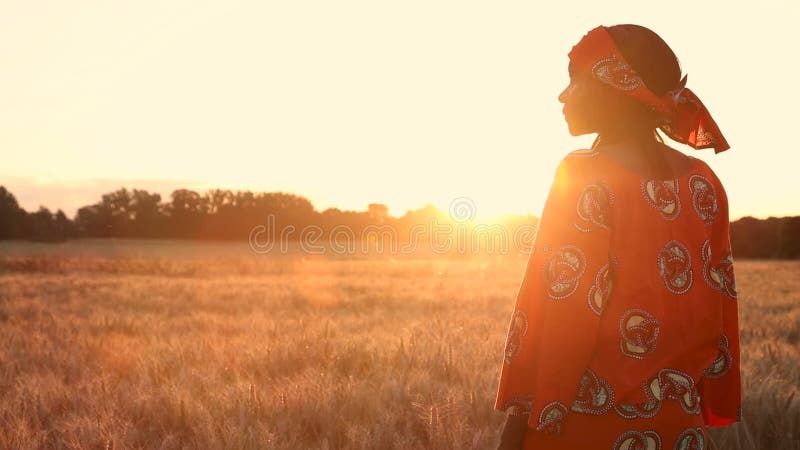 日落或日出时，身着传统服装的非洲女农站在非洲一片农田里