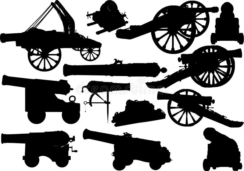 Set of black silhouettes of varied medieval artillery siege of fortress and sea. Set of black silhouettes of varied medieval artillery siege of fortress and sea