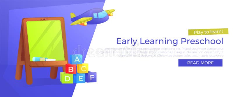 早期的学习的学龄前横幅 使用学会 幼儿园广告有校务委员会和玩具的 向量例证 早期的学习的学龄前横幅 使用学会 幼儿园广告有校务委员会和玩具的 向量例证