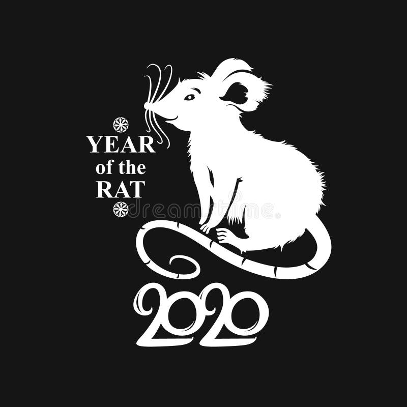 时尚模板2020,配一只可爱的卡通鼠 黑色背景中的白色图案 中国鼠年 向量例证 时尚模板2020,配一只可爱的卡通鼠 黑色背景中的白色图案 中国鼠年 向量例证