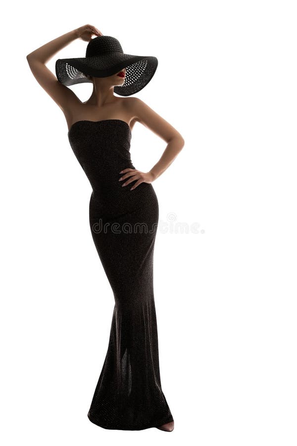 时尚模特长裙夏帽，黑色长裙优雅女性，白色长身