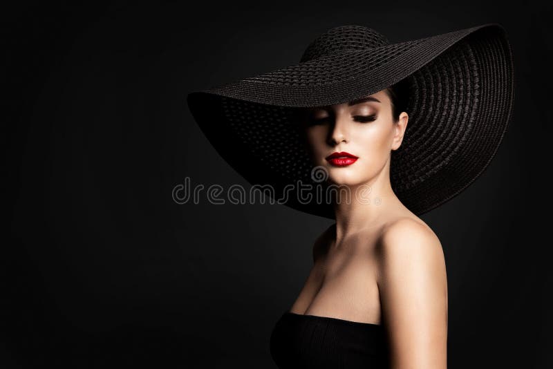 时尚模特黑帽，优雅女装复古肖像，宽大帽