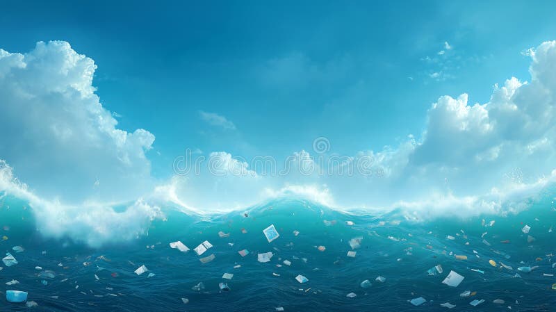 明亮蓝天下漂浮着塑料垃圾的海浪 向量例证