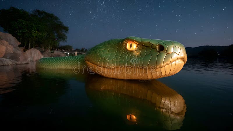 星夜深水上的绿蛇雕 皇族释放例证