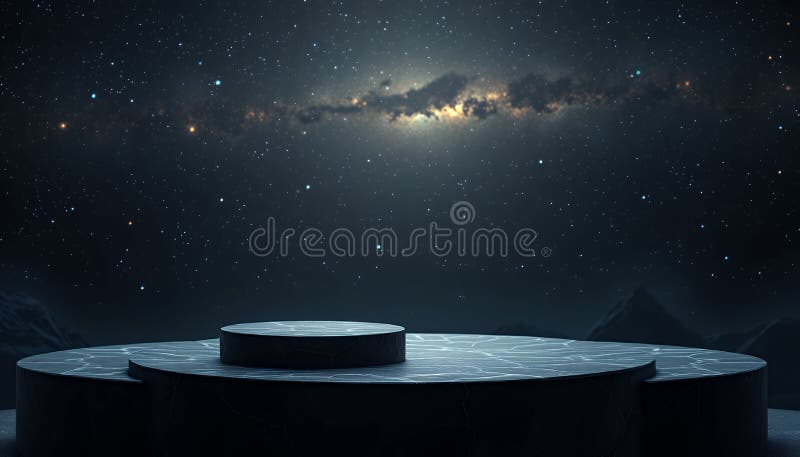 星夜空下的月球圆台. 黑暗的戏剧化和虚幻的场景,在星空的夜空背景下,摆放着一个圆形平台. 该平台似乎由暗的可能是金属的材料制成,位于一个纹理化的表面上,类似于冰冻的景观或冰冷的地形. 背景中隐约可见山脉,为山脉增加深度和尺度