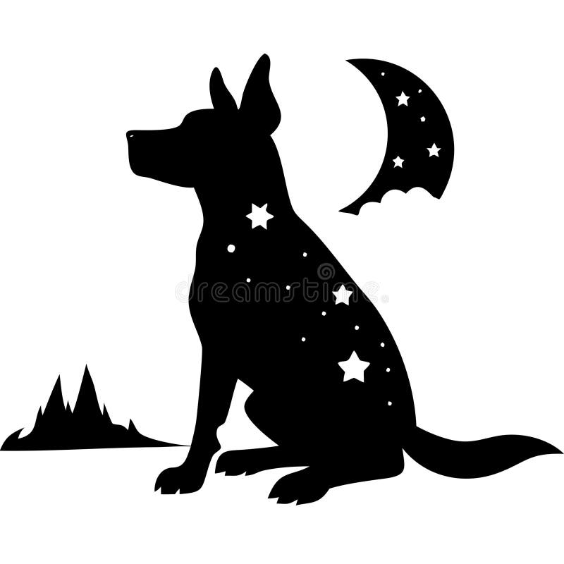 星星与月矢的纹身与设计双星狗轮廓. 这个设计的特征是,在满是恒星和发光月亮的宇宙背景下,一只狗的星系轮廓. 大纲营造出一种神秘的梦幻效果,象征着夜空的和谐与灵性. 黑狗的剪影为插图增添了一种宁静和沉思的品质,使其非常适合纹身和创意设计. 此图稿是使用AI创建的.