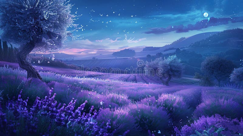 星空下迷人的薰衣草田 向量例证