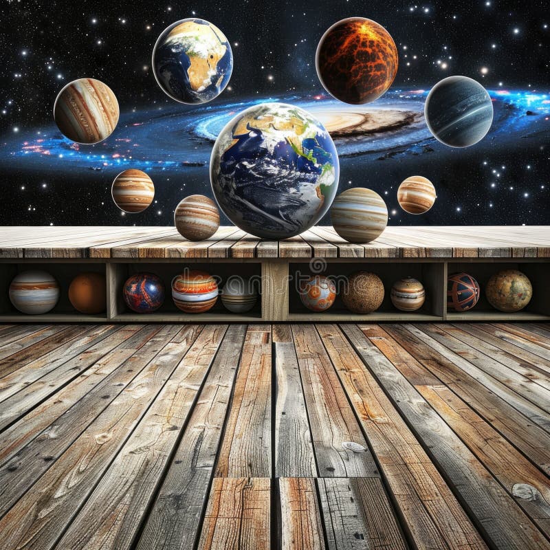 星系背景前木质平台行星的令人惊叹的三维太阳系模型 免版税库存图片