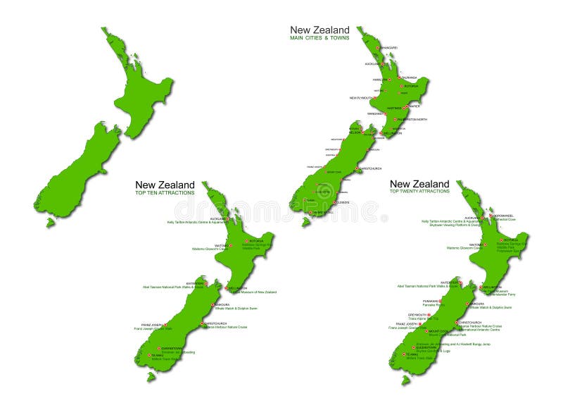 A set of four detailed isolated maps of New Zealand on a white background. Designed for the travel and tourism industry and includes the top ten NZ attractions, main cities and towns and top twenty things to do. Vector illustrations may be re-colored, edited and re-sized without loosing quality. A set of four detailed isolated maps of New Zealand on a white background. Designed for the travel and tourism industry and includes the top ten NZ attractions, main cities and towns and top twenty things to do. Vector illustrations may be re-colored, edited and re-sized without loosing quality.