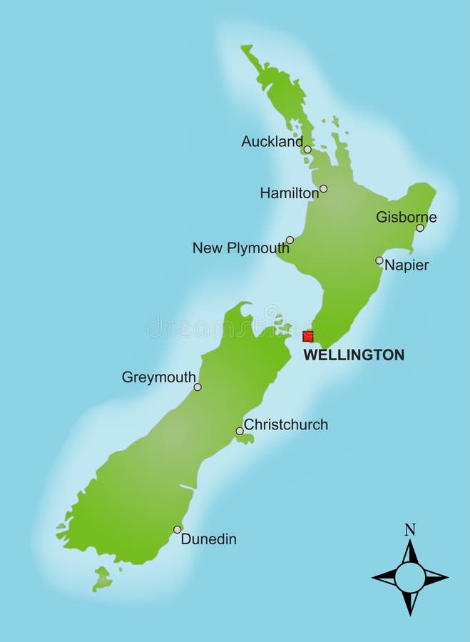 A stylized map of New Zealand showing different cities. A stylized map of New Zealand showing different cities.