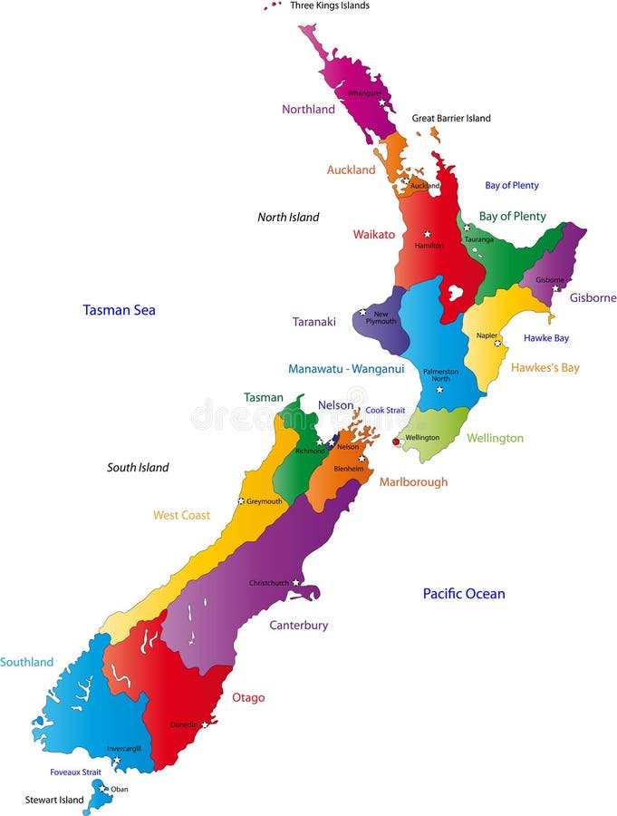 New Zealand map with the regions colored in bright colors and with the main cities. New Zealand map with the regions colored in bright colors and with the main cities.