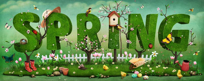 Beautiful festive spring illustration on Mother&#x27;s Day and Easter with trees in form of letter. Computer graphics. Beautiful festive spring illustration on Mother&#x27;s Day and Easter with trees in form of letter. Computer graphics.
