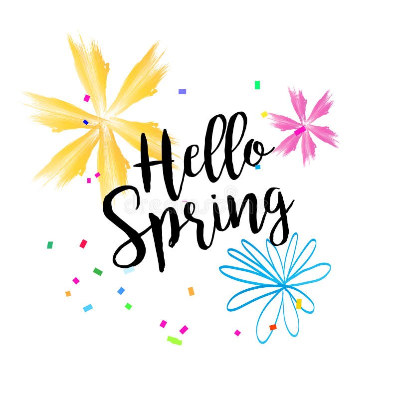 Hello Spring calligraphy lettering festive background design. Spring season banner, poster, Advertising placard, Holiday flyer with flowers, Vector. Hello Spring calligraphy lettering festive background design. Spring season banner, poster, Advertising placard, Holiday flyer with flowers, Vector