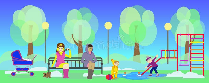 春天公园和母亲有孩子的操场的 皇族释放例证