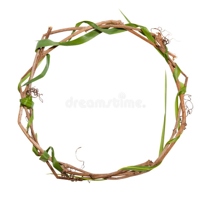 Circle frame from spring branch and grass isolated on white. Circle frame from spring branch and grass isolated on white