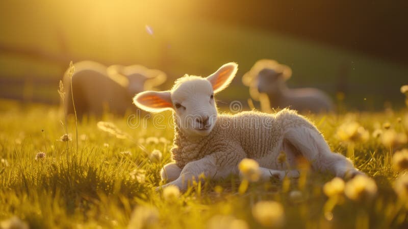 Close up of a newborn lamb in Springtime, laying down in lush green field and facing forward. Clean green background. AI generated. Close up of a newborn lamb in Springtime, laying down in lush green field and facing forward. Clean green background. AI generated