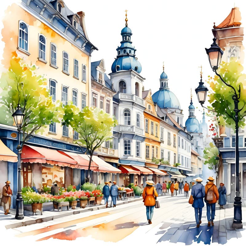 春季水彩画中的古镇，有古朴的咖啡馆、游客、开花的树木、绘画艺术 免版税图库摄影