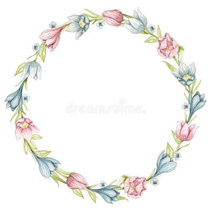 Round frame with vintage spring blue and pink flowers isolated on white background. Watercolor hand drawn illustration. Round frame with vintage spring blue and pink flowers isolated on white background. Watercolor hand drawn illustration